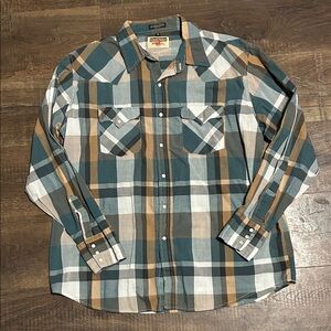 Men's Teal and Brown Plaid Button-Down Shirt